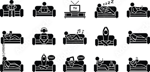 Icons showing people relaxing and engaged in activities on a couch at home with lying down listening to music watching