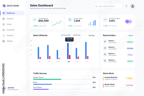 Modern CRM dashboard interface showing analytics, customer leads, pipeline tracking, and performance metrics. Ideal for business apps, SaaS platforms, data visualization, and management systems.