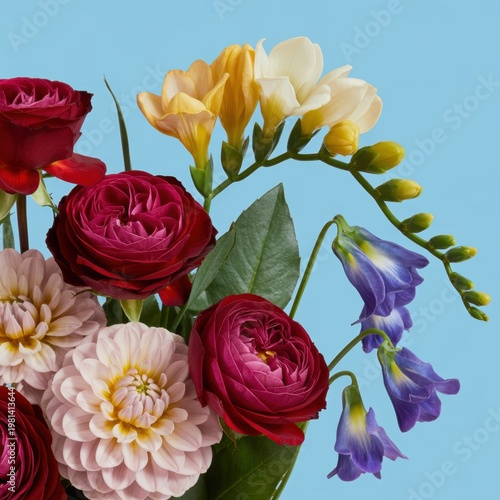 Vibrant floral bouquet featuring deep red roses, soft pink dahlias, yellow freesia, and purple bellflowers