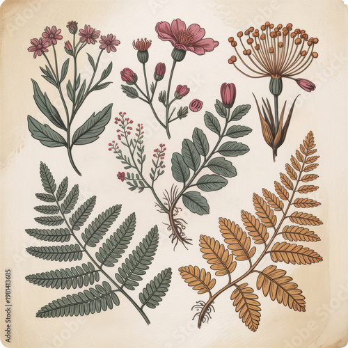 Vintage botanical collection of assorted wildflowers, fern fronds, and delicate herbs on aged parchment paper