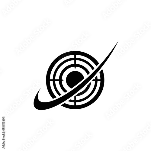 A monochrome illustration of a bullseye with a curved line, black on white background