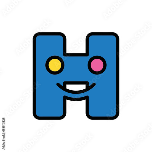 A smiling, blue letter "H" with yellow and pink eyes, and a white, curved mouth