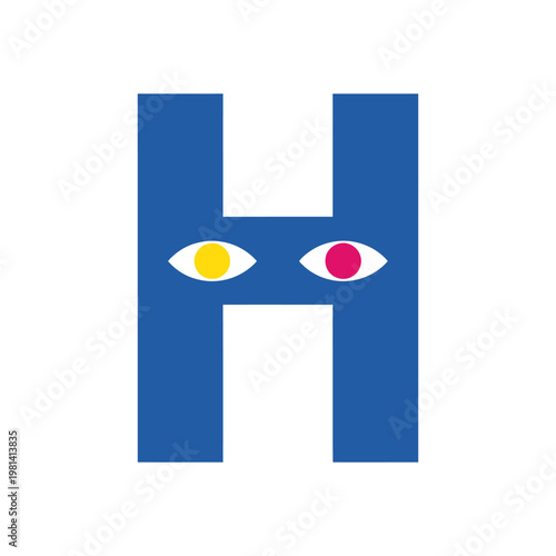A bold blue letter 'H' with a pair of stylized eyes in place of the crossbar, different colors