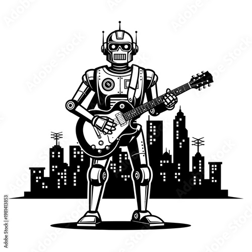 A mechanical humanoid plays an electric guitar against a backdrop of a city skyline silhouette