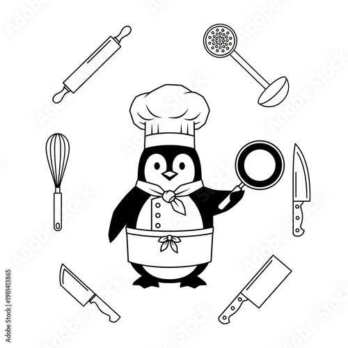 Black and white illustration of a penguin chef surrounded by cooking utensils, on white background