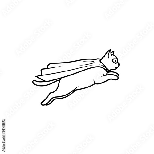 A feline superhero, depicted in a flying pose with a flowing cape and a mask. Black outline on white