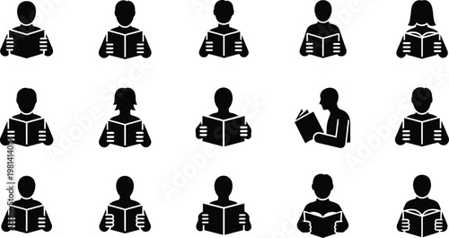 Collection of icons representing people reading books and engaging with literature holding book graphic resource knowledge