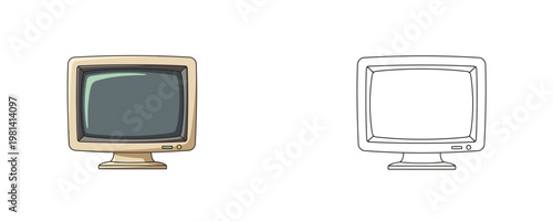 Old CRT computer monitor in cartoon and line art style beige and grey colors representing retro technology and vintage office equipment for computing nostalgia on white background