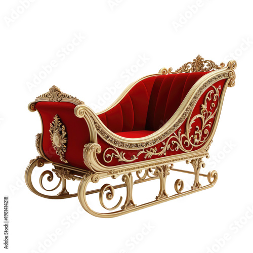 Ornate sleigh with rich red velvet seating and golden scrollwork