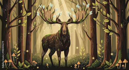 Large moose with antlers in forest.