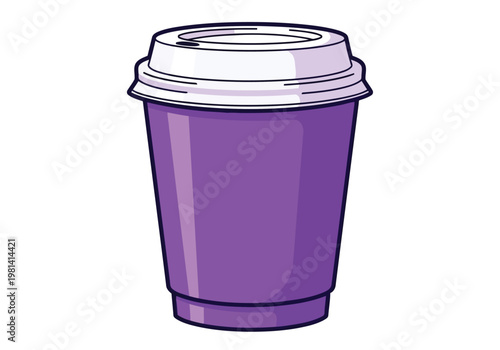 A purple disposable coffee cup with a white plastic lid and sleeve