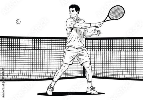 A tennis player executing a forehand shot on a tennis court during a match.