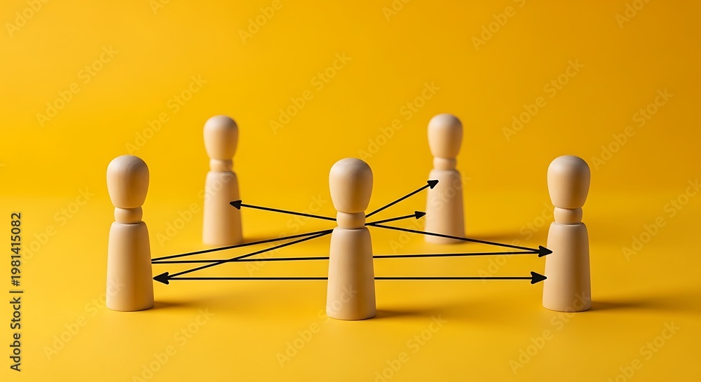Obraz premium Wooden figures connected by arrows on a vibrant yellow background, symbolizing communication