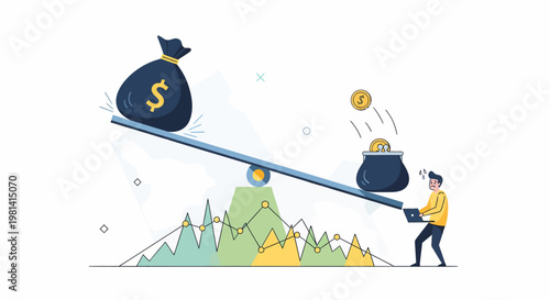 Man balancing money bag on seesaw.