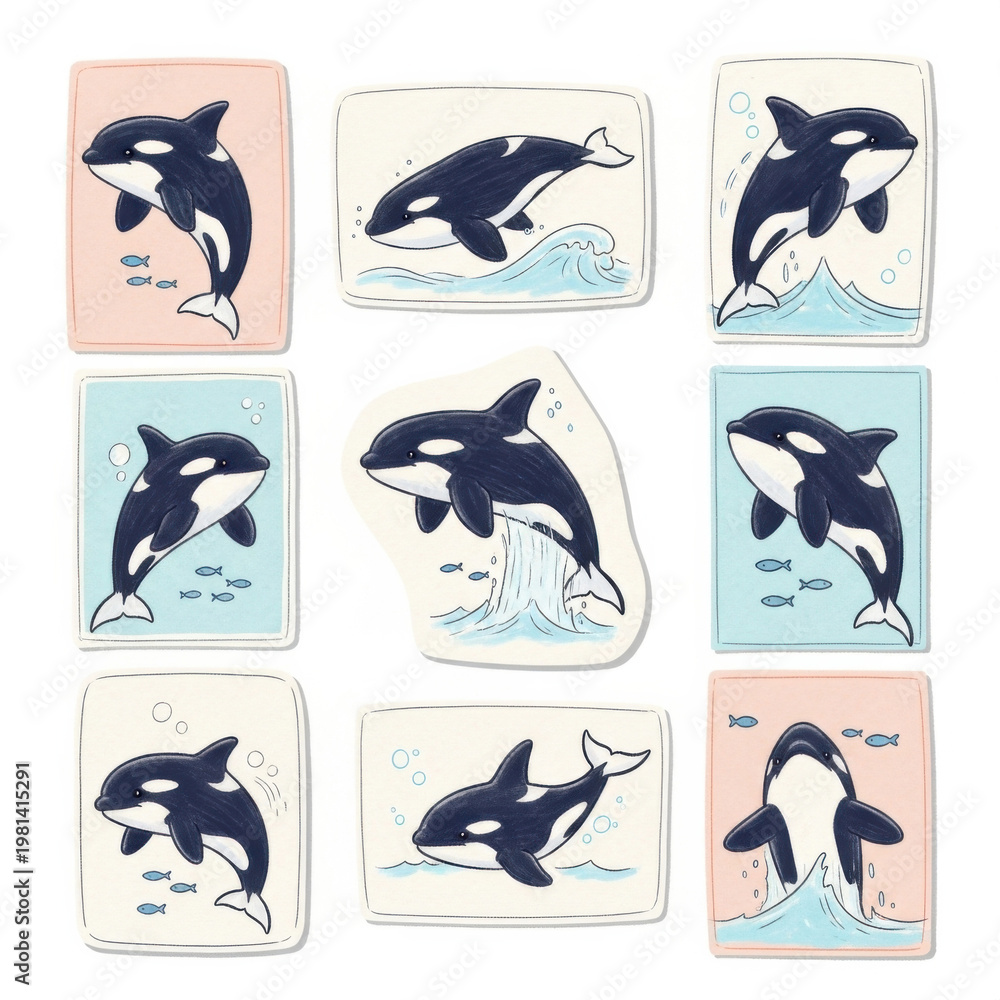 Obraz premium Whimsical orca illustrations in pastel colors and playful water scenes