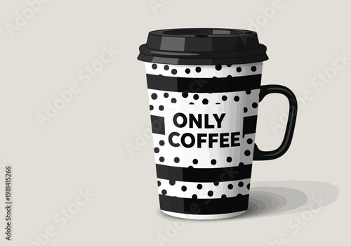A black and white polka-dotted coffee tumbler with a black lid proclaiming only coffee