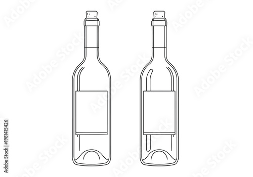 Two identical wine bottles with rectangular labels and cork stoppers shown side by side