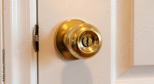 Polished brass doorknob with keyhole on a white door