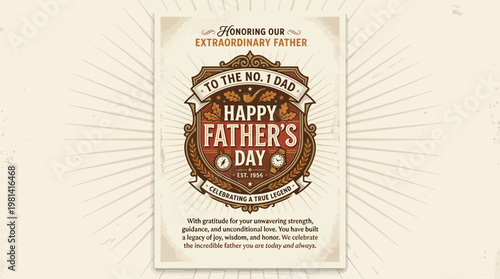 Vintage Style Happy Father's Day Greeting Card with Ornate Badge Design and Masculine Elements Honoring an Extraordinary Father
