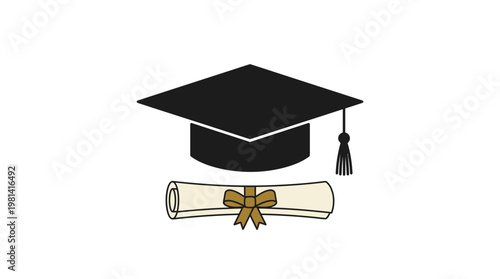 Black graduation cap with tassel and rolled diploma certificate with gold ribbon isolated on white background illustration