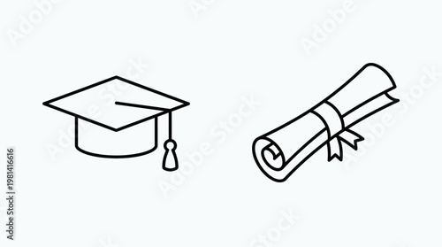 Minimalist black line art illustration of a graduation mortarboard hat and rolled diploma scroll for academic achievement and success celebration
