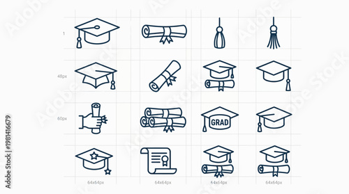 Set of graduation line icons featuring mortarboard caps, diploma scrolls, tassels, and certificates for academic achievement and commencement ceremonies