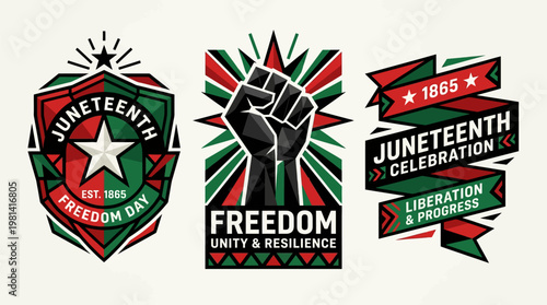 Set of Juneteenth celebration badges and icons featuring freedom day symbols with raised fist and pan-african colors for liberation and progress.