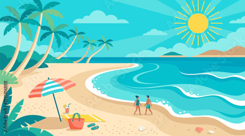 Vibrant summer beach landscape illustration with palm trees, ocean waves, bright sun, and a couple walking on the sandy shore.