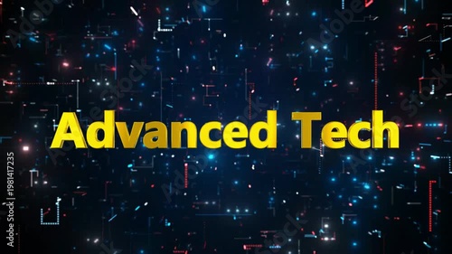 Animated advanced technology background with glowing blue and red lights and yellow text