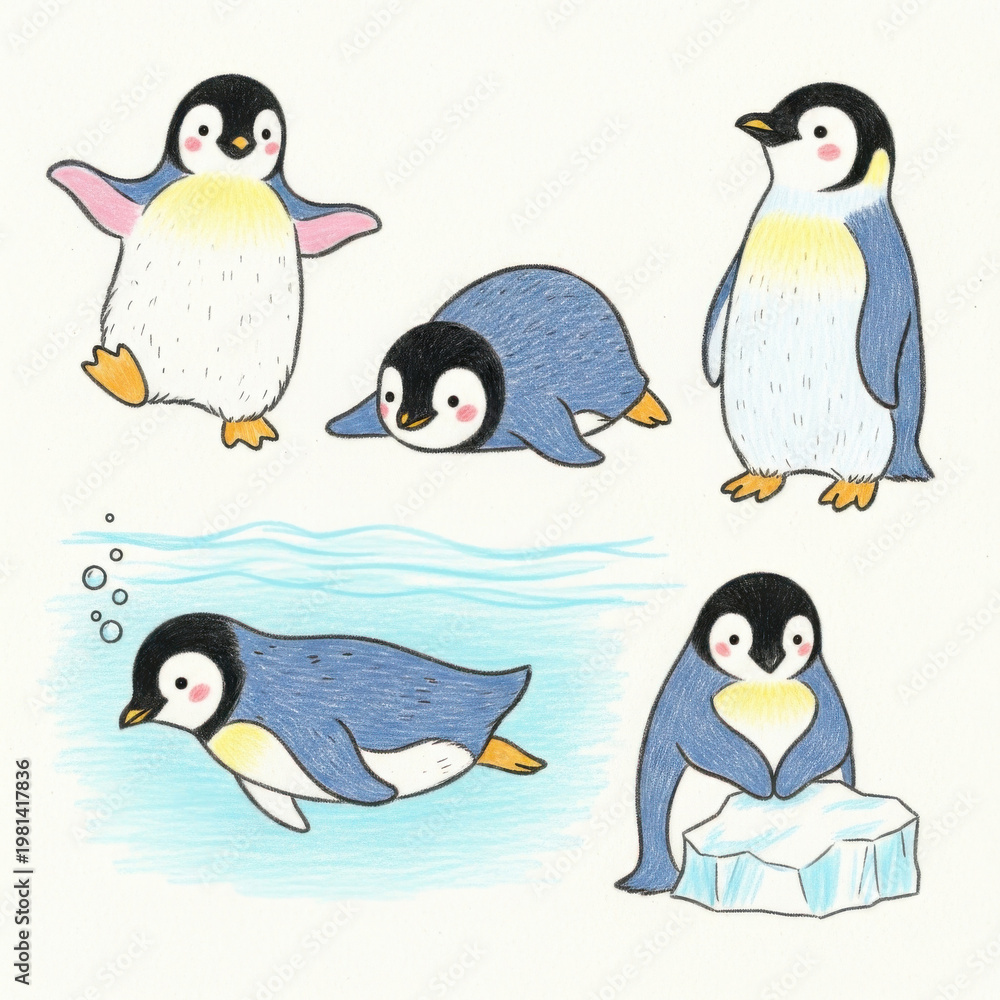 Fototapeta premium Cute penguins in various playful poses and actions illustration