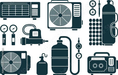 Refrigeration and air conditioning equipment icons set.