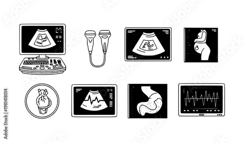 Ultrasound Icon Vector Set Featuring Medical Imaging and Diagnostic Scan Symbols in Monochrome Style