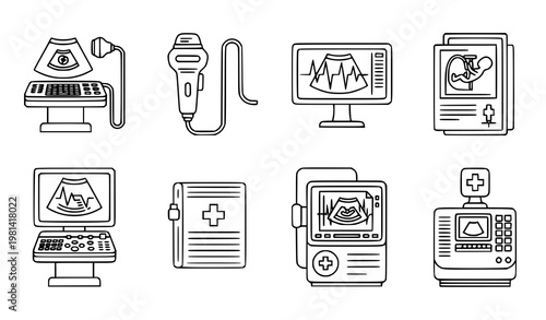 Modern Ultrasound Medical Line Icon Collection for Diagnostic Imaging, Pregnancy Scan and Healthcare UI Design