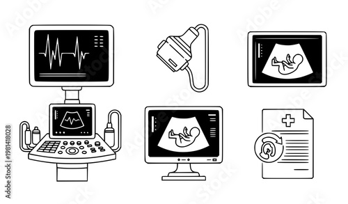 Simple Monochrome Ultrasound Icons Set for Medical Imaging, Pregnancy Scan and Healthcare Applications