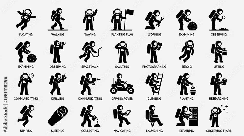 Obraz premium Astronaut Activities and Poses Vector Icon Set With Titles