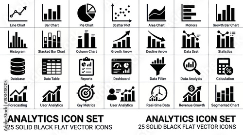 Set Of Twenty Five Solid Black Flat Vector Analytics Icons