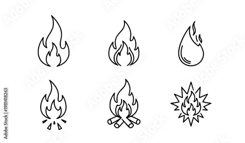 Flame Icon Vector Set Featuring Fire and Energy Symbols in Monochrome Minimal Style