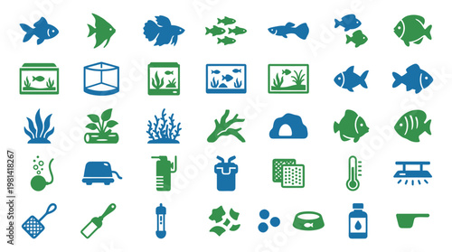 Aquarium Fish Care Supplies And Decorative Aquatic Plant Life Icons