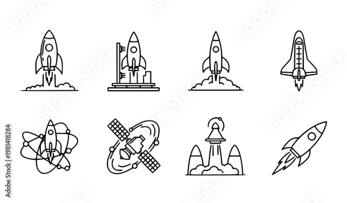 Rocket Launch Icon Vector Set Featuring Space and Aerospace Symbols in Minimal Outline Style