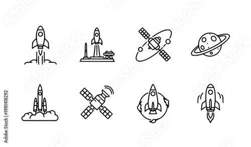Simple Monochrome Rocket Icons Set for Space Exploration, Launch Systems and Tech UI Design