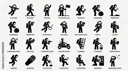 Astronaut Activities and Poses Vector Icon Set With Titles
