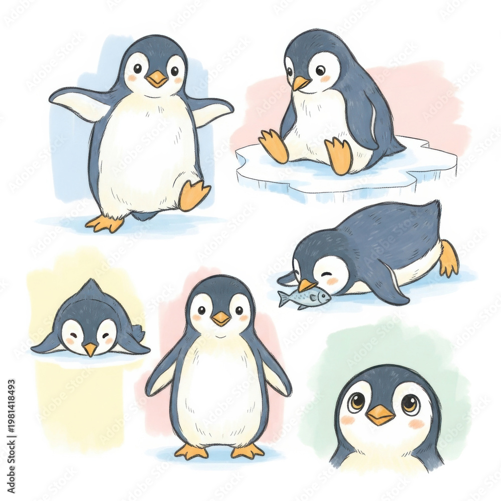 Obraz premium Adorable penguin illustrations in various playful poses and colors