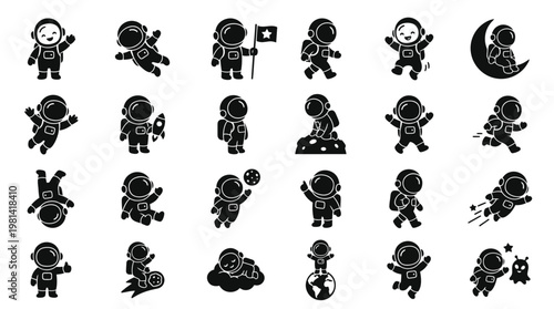 Galactic Astronaut Journey and Space Exploration Poses Icon Set