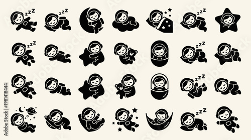 Little Astronaut Sleeping Collection Dreaming On Stars And Moon Icons