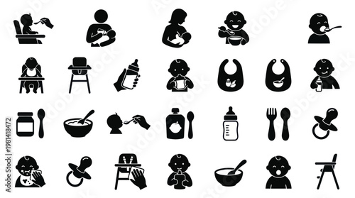 Baby Feeding Time Icons Infant Eating And Nutrition Vector Silhouette