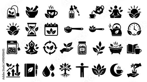 Healthy Herbal Tea Lifestyle and Wellness Daily Routine Icons