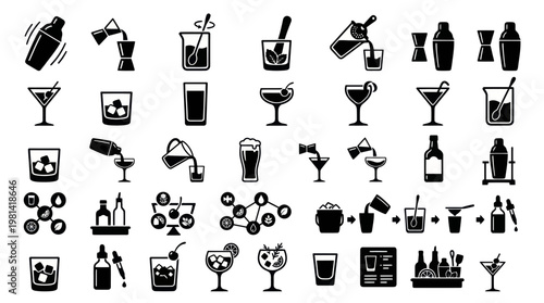 Professional Bartender Cocktail Mixology and Drink Preparation Icon Set
