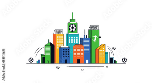 Colorful City Skyline with Soccer Balls.