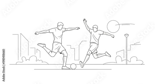 Two Men Playing Soccer Outdoors.