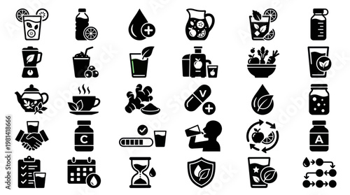 Fresh Healthy Juice Smoothies and Vitamin Nutrition Icon Set